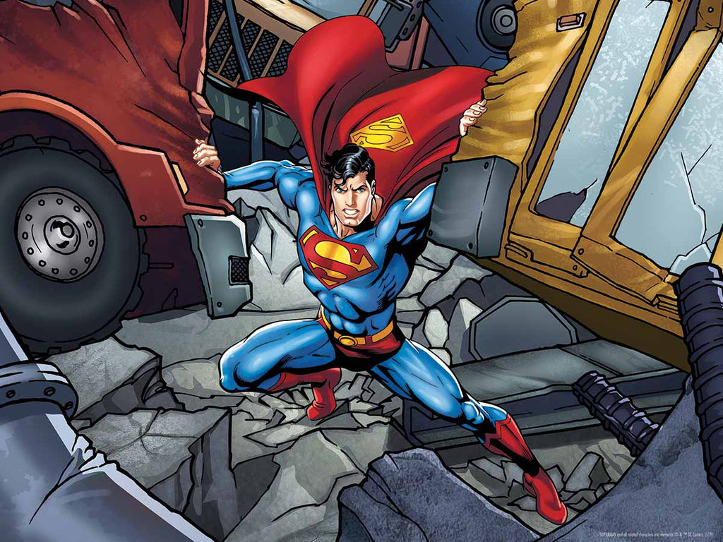 In his iconic blue and red costume, Superman showcases his unparalleled strength, effortlessly lifting large debris with a fierce expression in a damaged urban setting. 