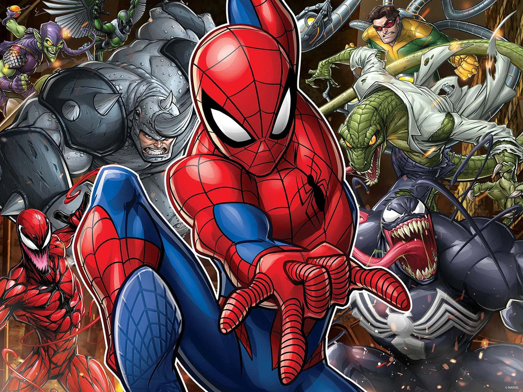 Illustration of Spiderman in a red and blue suit, striking an active pose amid villainous characters in dynamic positions, evoking the vibrant excitement of a Marvel comic scene.