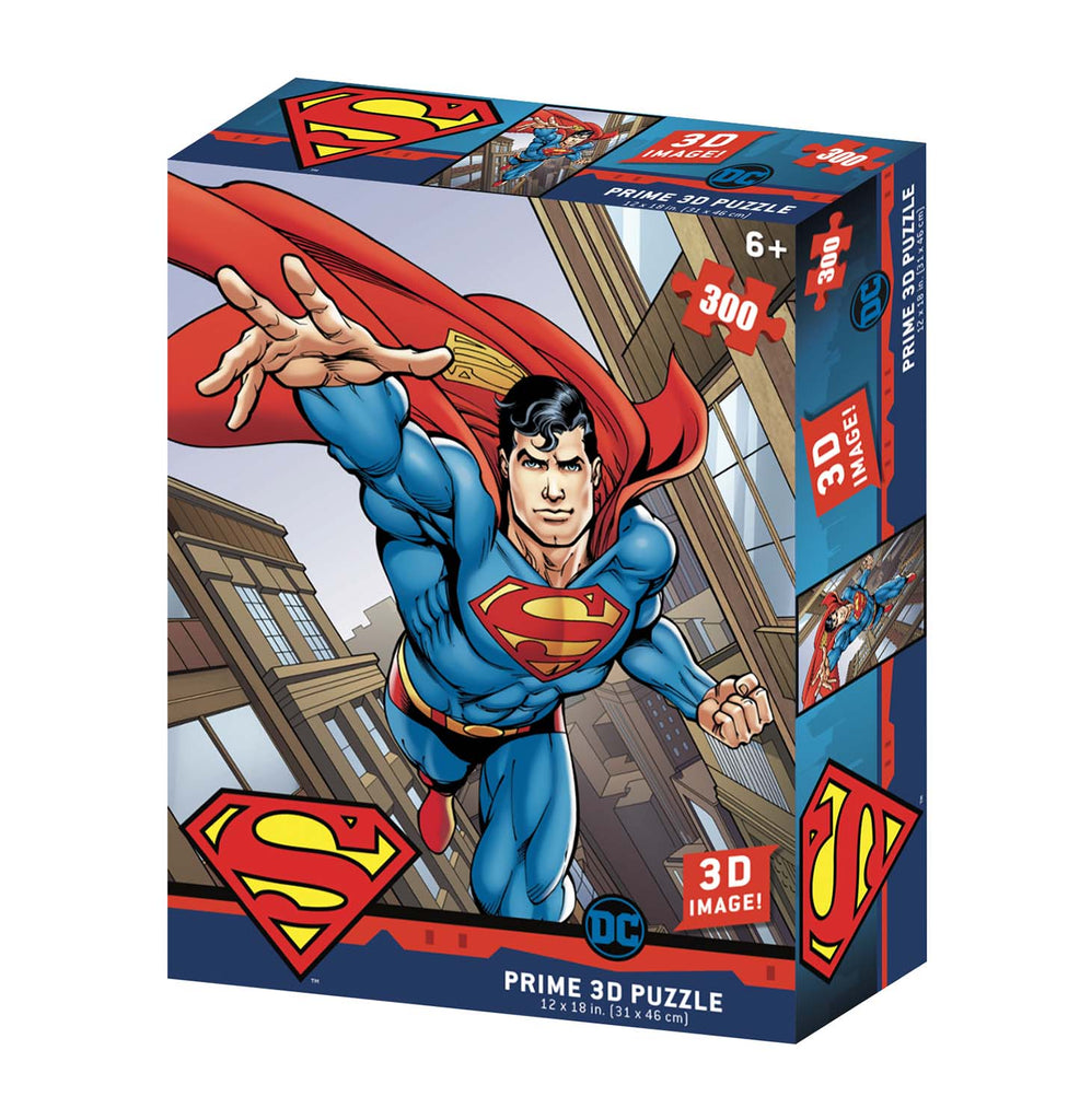 This 300-piece 3D puzzle box showcases Superman in a dynamic flying pose, adorned in his iconic blue suit with a red cape. 