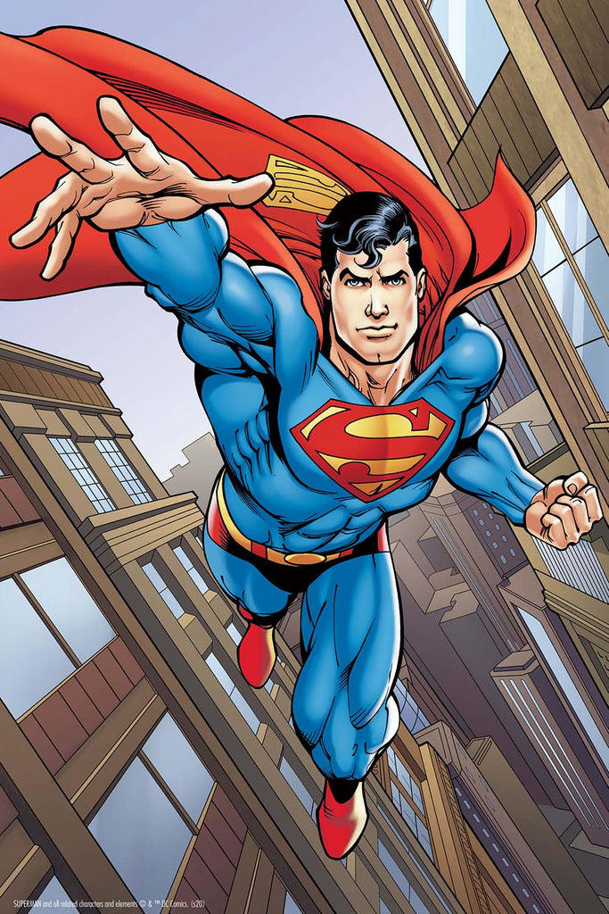 A superhero in a blue suit and red cape, it's Superman from DC Comics, flies through a cityscape, extending one arm forward.