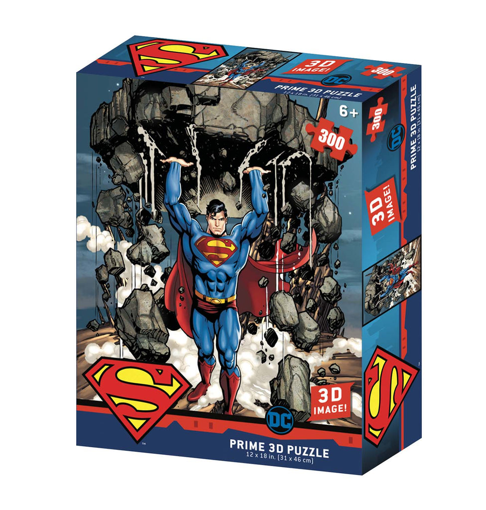 A 300-piece 3D puzzle showcases Superman lifting rocks, emblazoned with DC Comics and Superman logos.