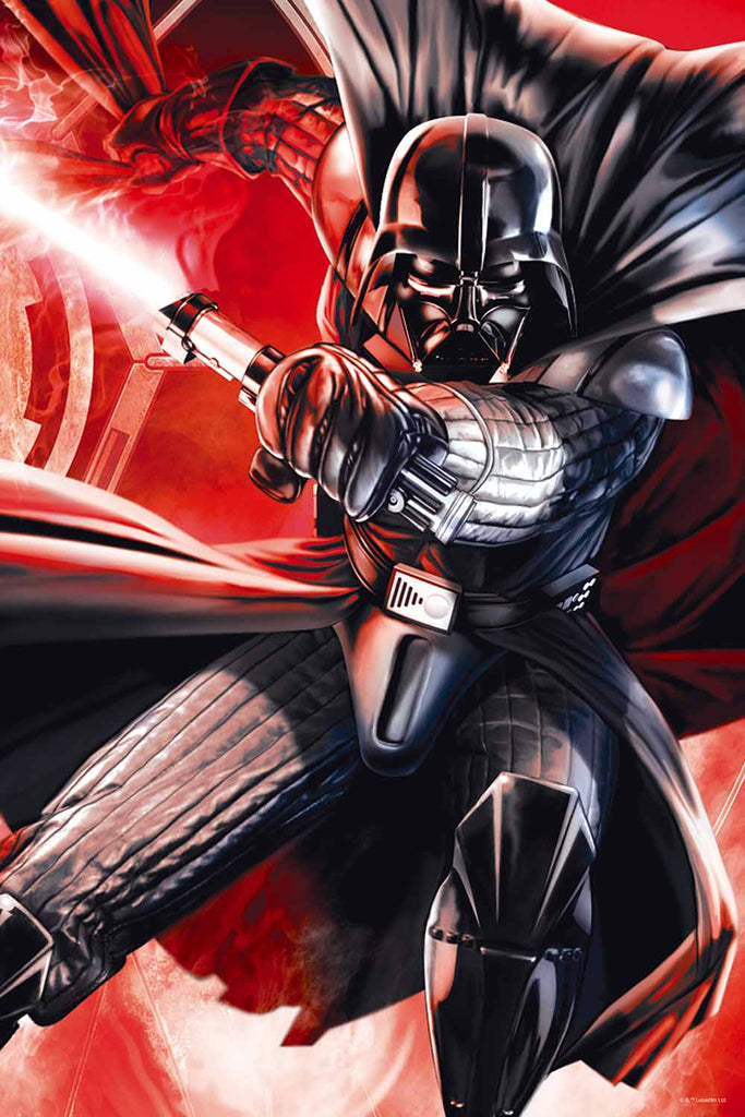 Clad in black armor and helmet, Darth Vader brandishes a red lightsaber against a crimson backdrop, evoking the iconic Star Wars saga.