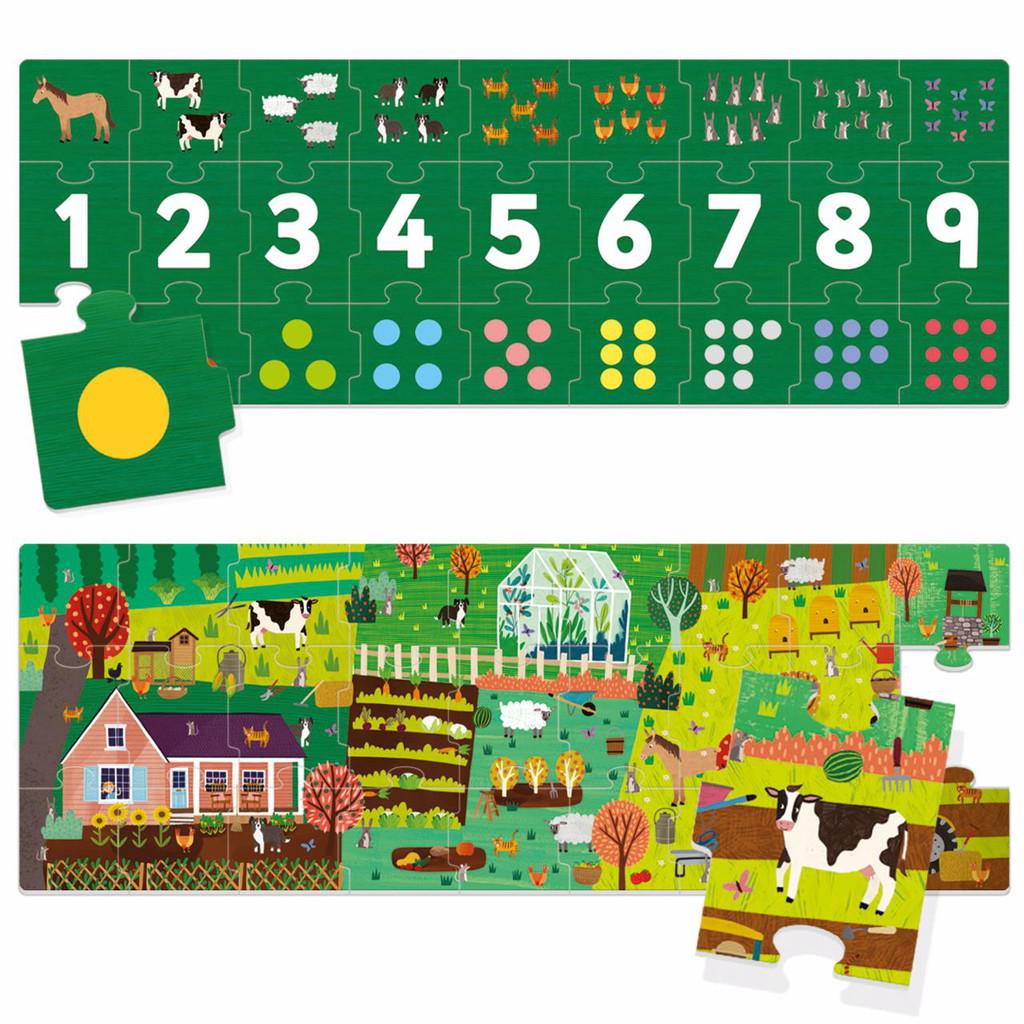 Children's farm-themed jigsaw puzzle with numbers and animals, featuring a colorful farm scene. This engaging game allows kids to learn about quantities using individual puzzle pieces.