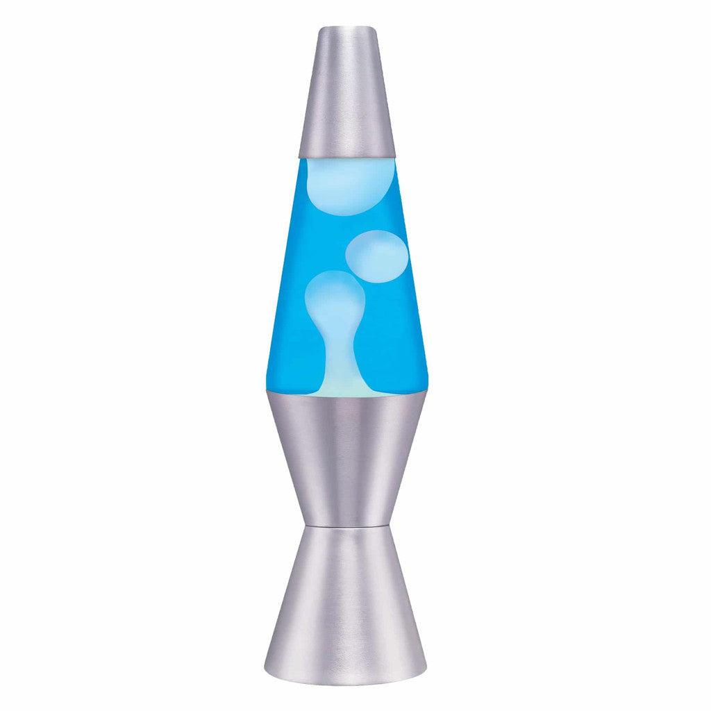 A silver LAVA lamp with blue liquid and white wax blobs offers mesmerizing visuals and a soft warm light.