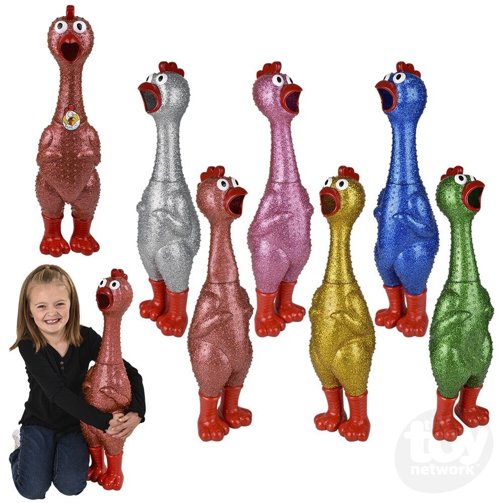 Seven giant glittery rubber chickens in various bright colors. A small girl in the bottom left corner holds a chicken showing how big it is