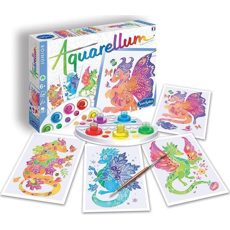 The Aquarellum Junior art kit invites children to create colorful dragon masterpieces with a paint palette featuring six vibrant colors and a brush. The box proudly displays completed artworks, making it perfect for budding artists aged 6 and up.