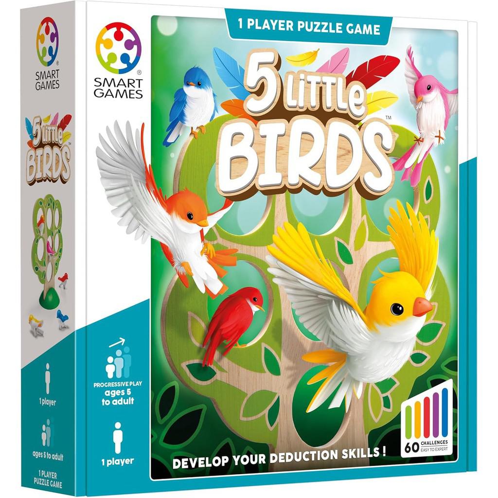 Box of "5 Little Birds" puzzle game by SmartGames, featuring colorful bird pieces and a wooden tree. This engaging wooden deduction game is suitable for ages 6 and up, offers 60 challenges, and is designed for single players.