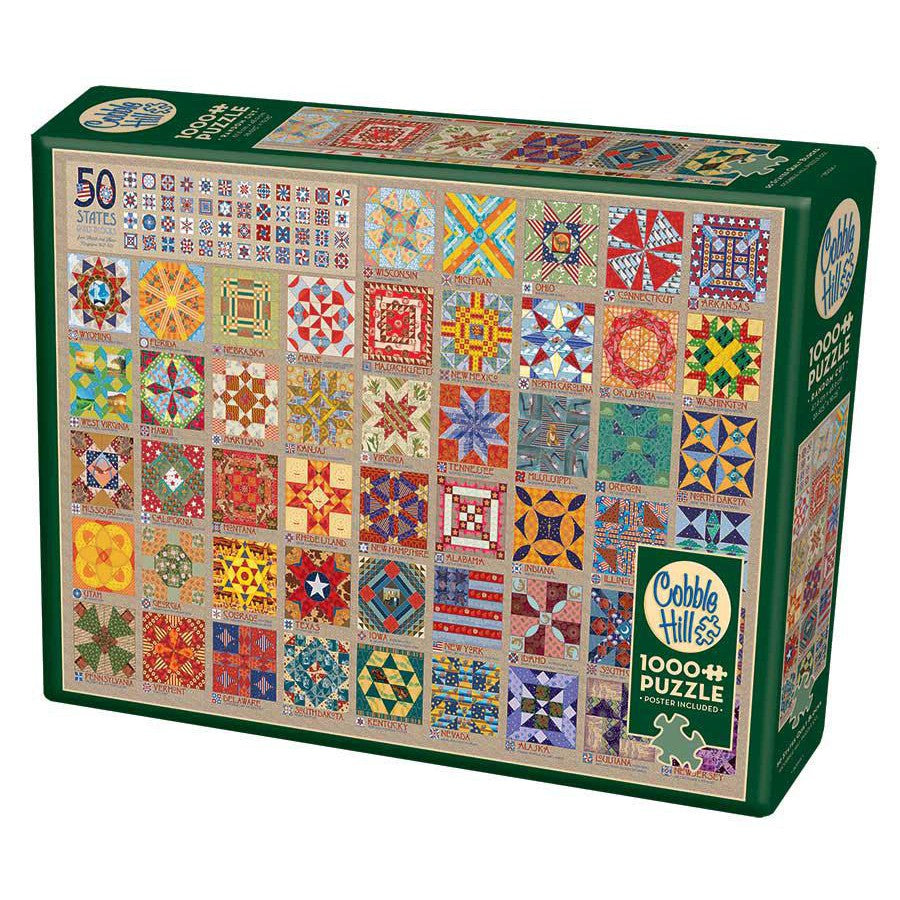 Puzzle box showing 1000 pc puzzle of a quilt made of 50 squares, each representing the united states