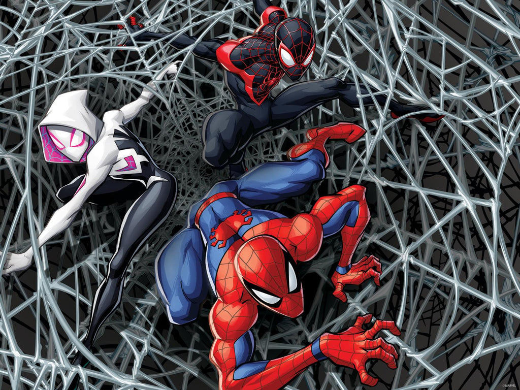 Three Spiderman enthusiasts, adorned in their striking costumes, navigate a webbed environment