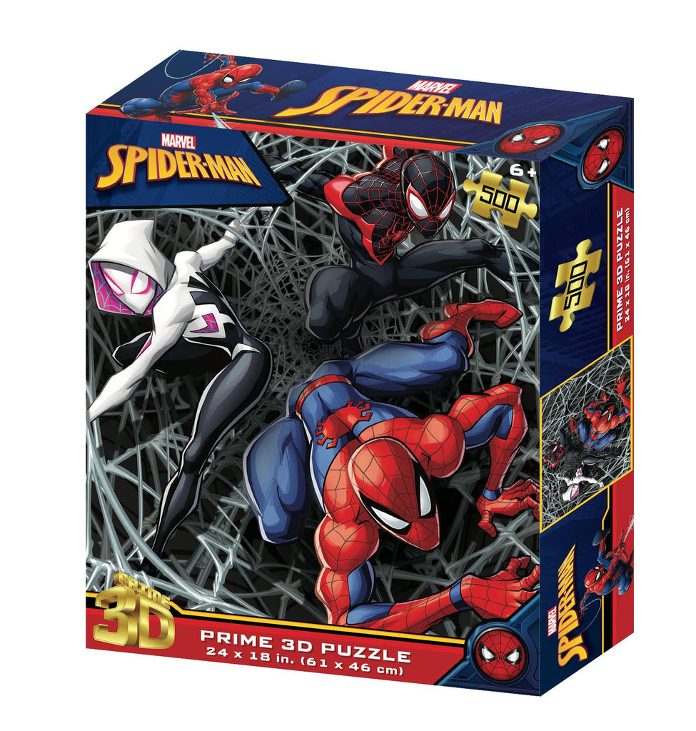 This captivating 3D puzzle box by Prime 3D Ltd showcases Spider-Man, Spider-Gwen, and Miles Morales in dynamic poses against a webbed backdrop.