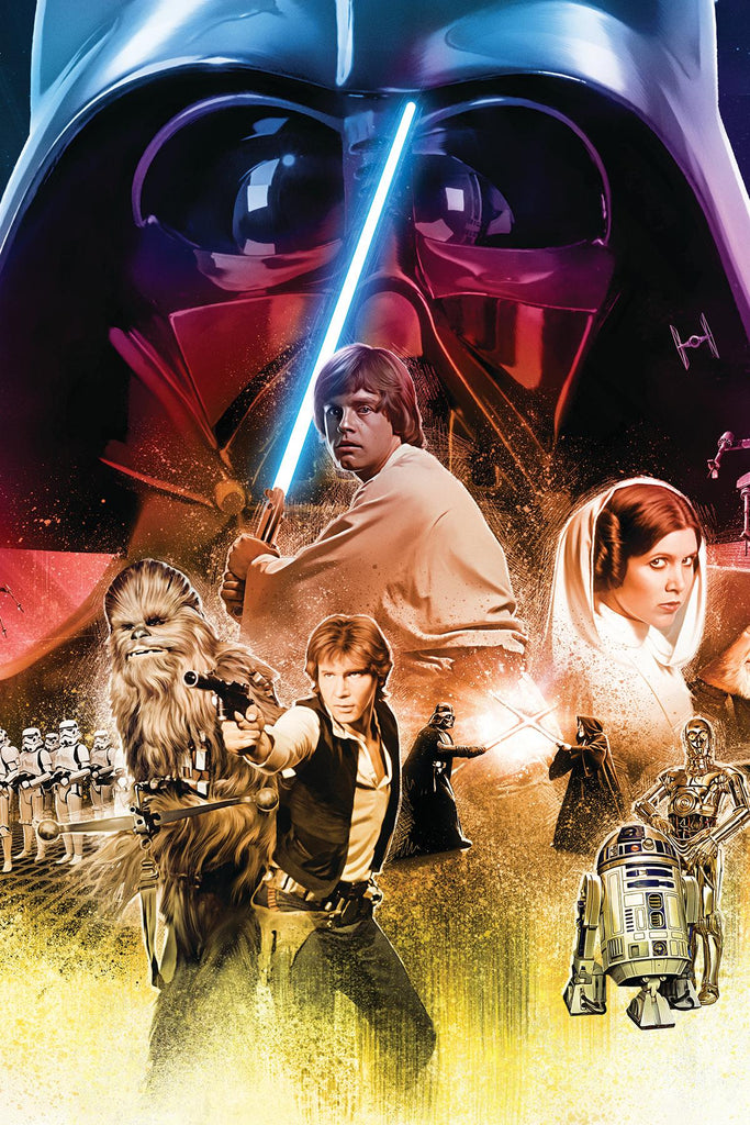 This Star Wars Classic poster showcases iconic characters, including a person with a lightsaber, furry creature, and droid in dynamic poses against a dark, colorful background. 