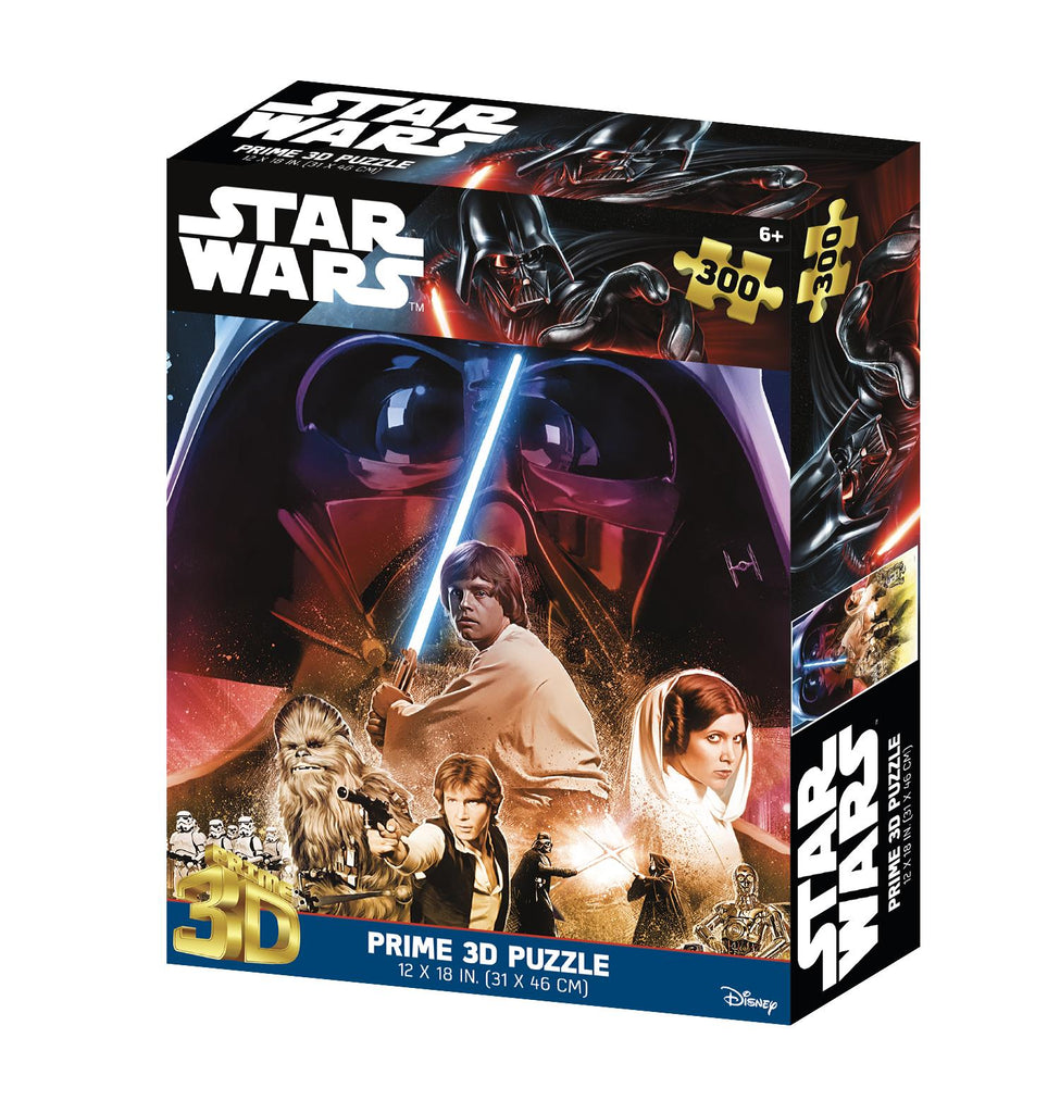 Discover the Star Wars 300-piece 3D puzzle box by Prime 3D Ltd, showcasing iconic characters and scenes from the legendary series