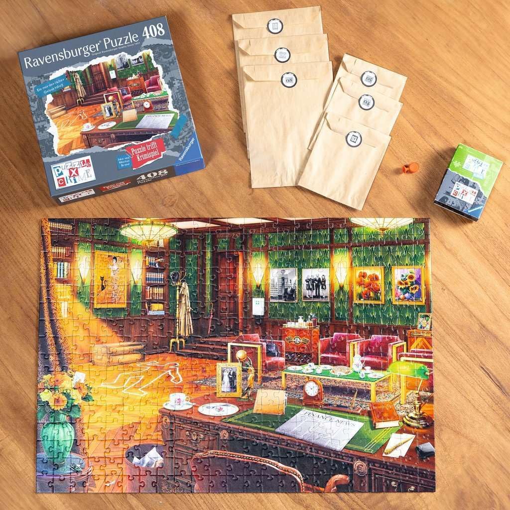 Completed 408-piece Ravensburger puzzle of a colorful library scene on a wooden table, with the box and several brown paper envelopes nearby—perfect for fans of a mystery twist with its Birthday Murderous Jigsaw Puzzle vibe.