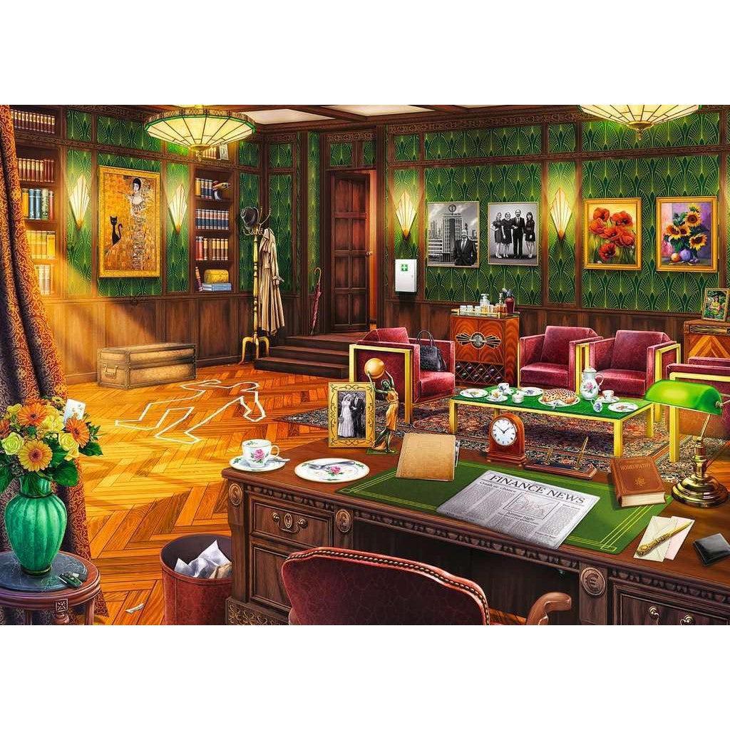 A vintage detective office with a body outline on the floor, surrounded by armchairs, paintings, and a desk. Scattered papers hint at a thrilling crime game, while a newspaper headline "Finance News" lies next to a Ravensburger Jigsaw Puzzle in progress.