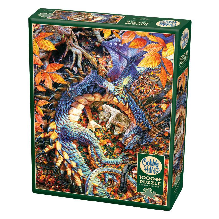 1000 pc puzzle of a blue dragon sleeping, wrapped around a young girl in a white dress. They are laying in a forest covered in orange leaves