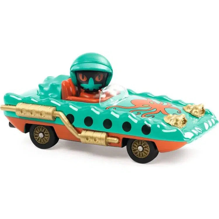 This toy race car, showcasing a green and orange palette, is driven by a helmet-clad racer. With its unique octopus design on the hood, it features Abys Engine technology and super-powerful headlights to navigate even the darkest ocean depths.