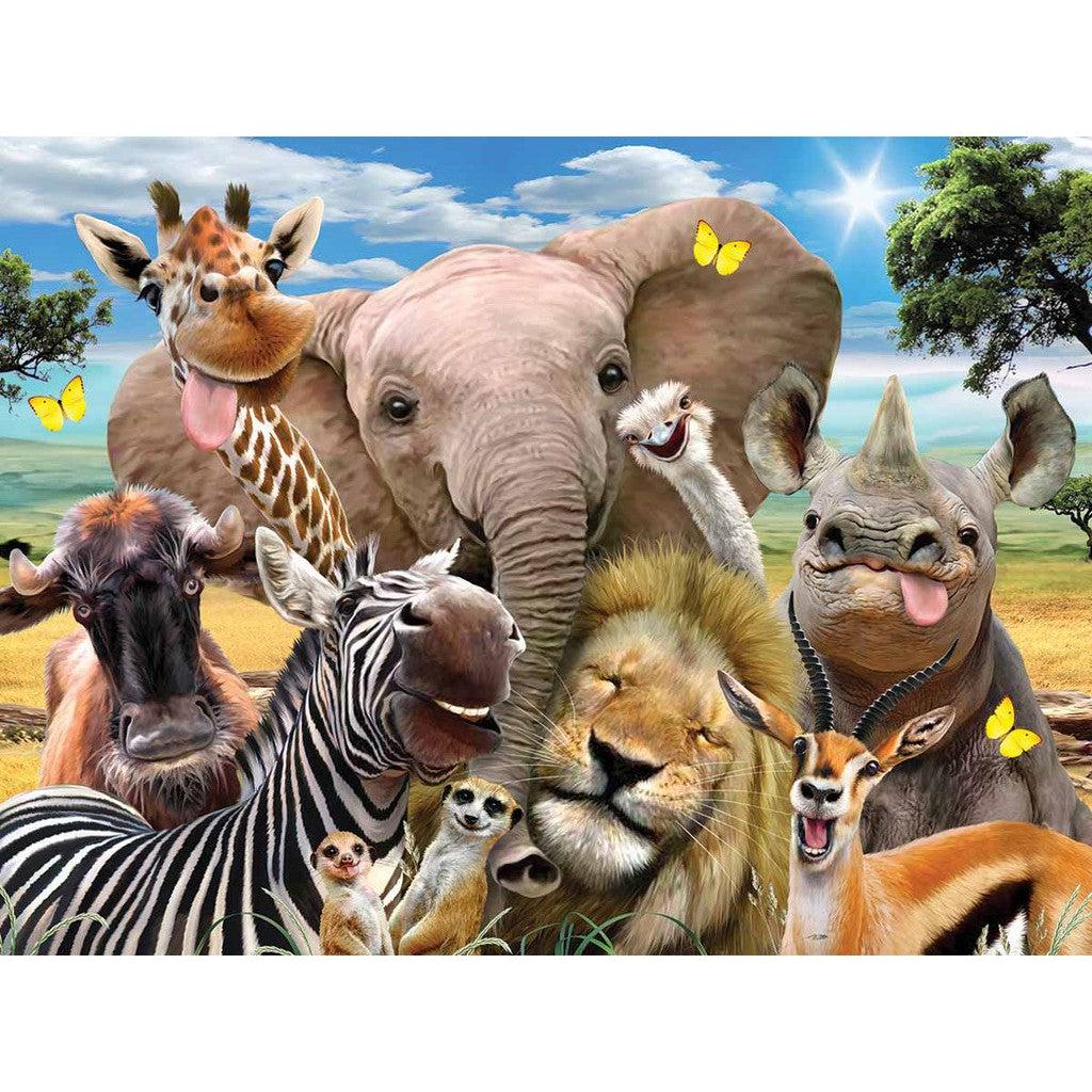 Illustration of various animals, such as an elephant, giraffe, and lion, captured in an "Africa Selfie" style by Prime 3D Ltd. Butterflies flutter across a serene safari landscape in the background. 