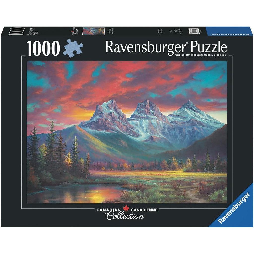 This 1000-piece Ravensburger jigsaw puzzle offers adults a captivating challenge with its colorful landscape of mountains at sunset and a serene river in the foreground.