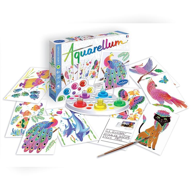 Discover the Aquarellum watercolor painting set, featuring vivid paint bottles, a brush, and delightful animal illustrations like peacocks and dolphins. Create beautiful art you can turn into cartes postales to envoyer to your loved ones.