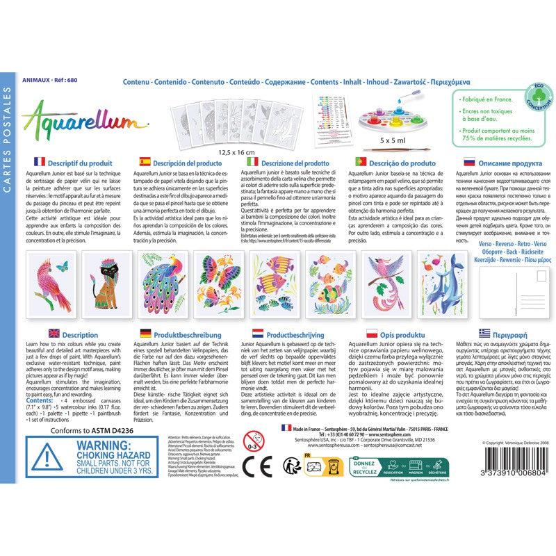 The Aquarellum animal postcard set features vibrant watercolor designs with multilingual product descriptions and safety warnings, perfect for those who love to peindre.