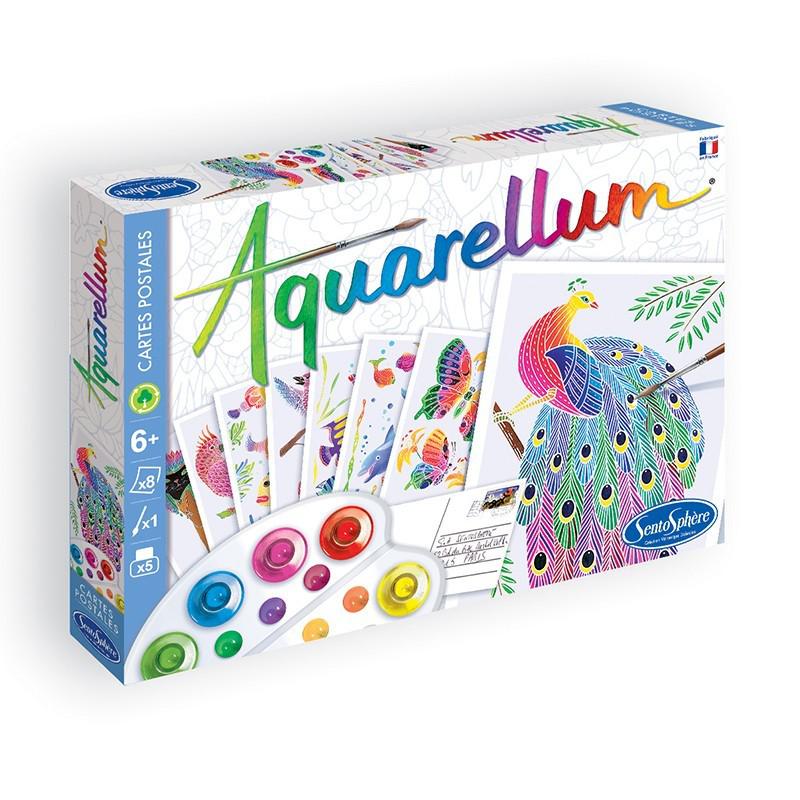 Aquarellum art set, featuring a peacock design, eight paint colors, and brushes, is perfect for ages 6 and up. 