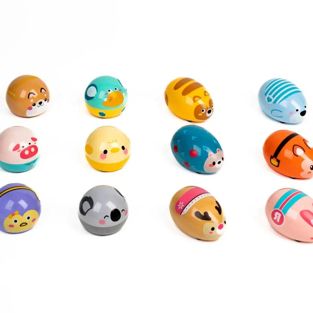 The Farm Fresh Animal Pull Backs collection features colorful, egg-shaped toy animals with various designs. Arranged in three rows on a white background, each toy includes a fun pull-back mechanism for endless playtime excitement.