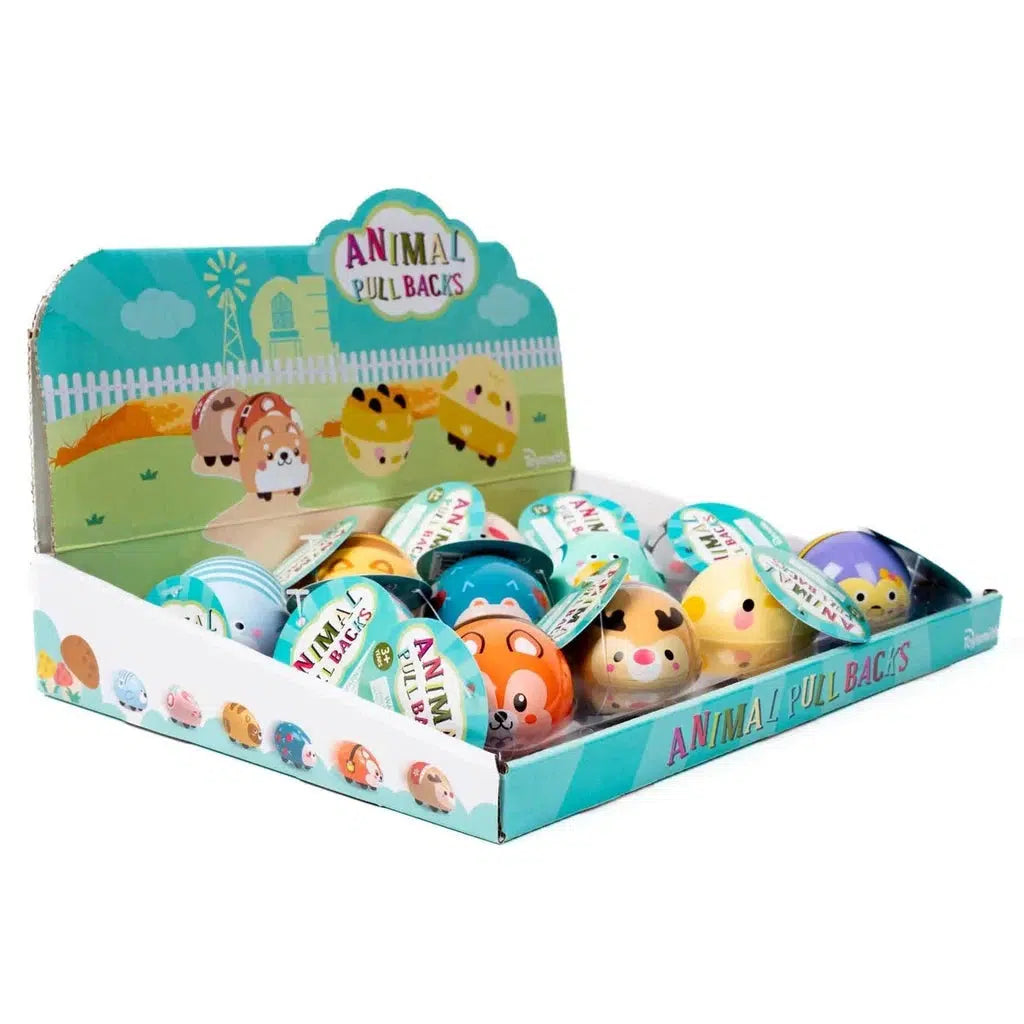 Display box of Toysmith Farm Fresh Animals pull-back toys with colorful, animal-shaped designs, including a bear and a dog, all arranged in neat rows.