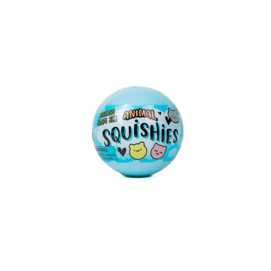 A blue ball labeled "Animal Squishies" with cartoon animal faces on the front, reminiscent of a Toysmith Blind Capsule surprise.