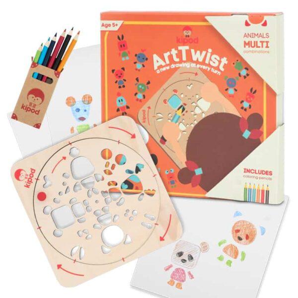 A children's drawing kit called "Art Twist by Kipod," for ages 5+, featuring coloring pencils, animal stencils, and colored drawings on paper. This art kit is perfect for practicing artistic skills, with packaging that displays colorful animal illustrations.