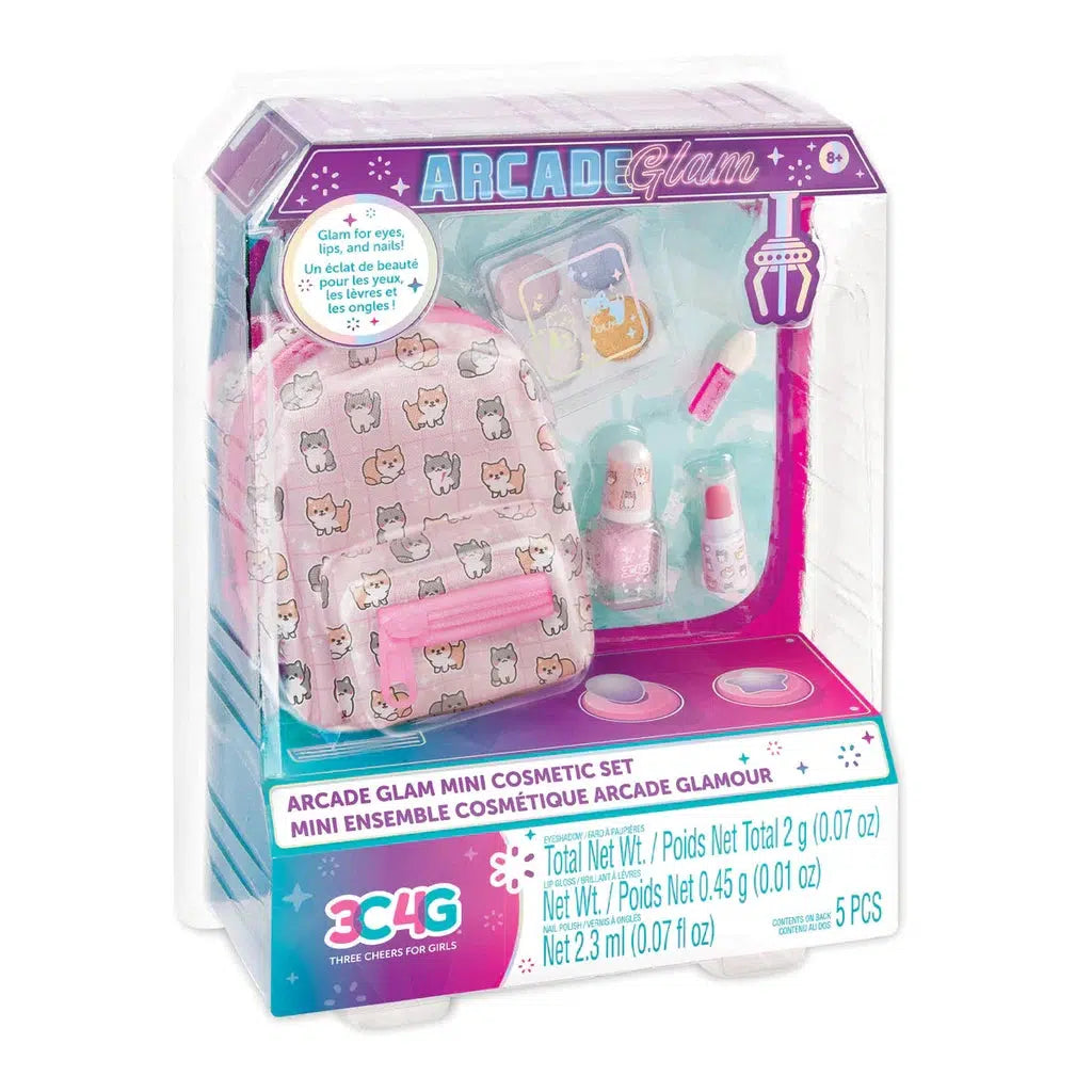 The "Arcade Glam Mini Cosmetic Set" is a delightful toy for ages 8 and up, featuring a pink cat-patterned bag filled with nail polish, stickers, and lip glosses.