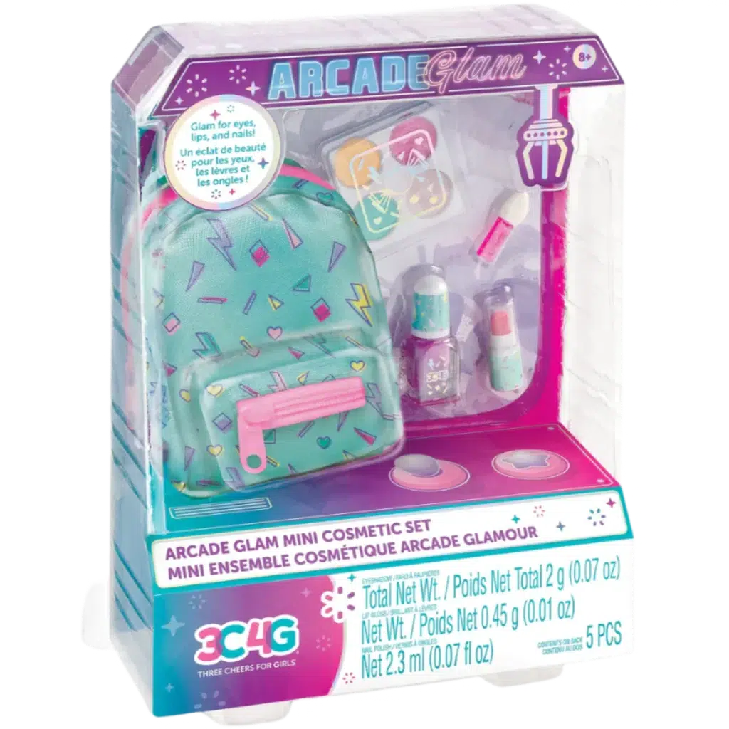 The "Arcade Glam Mini Cosmetic Set" is a delightful toy for ages 8 and up, featuring a teal and bright shapes-patterned bag filled with nail polish, stickers, and lip glosses.