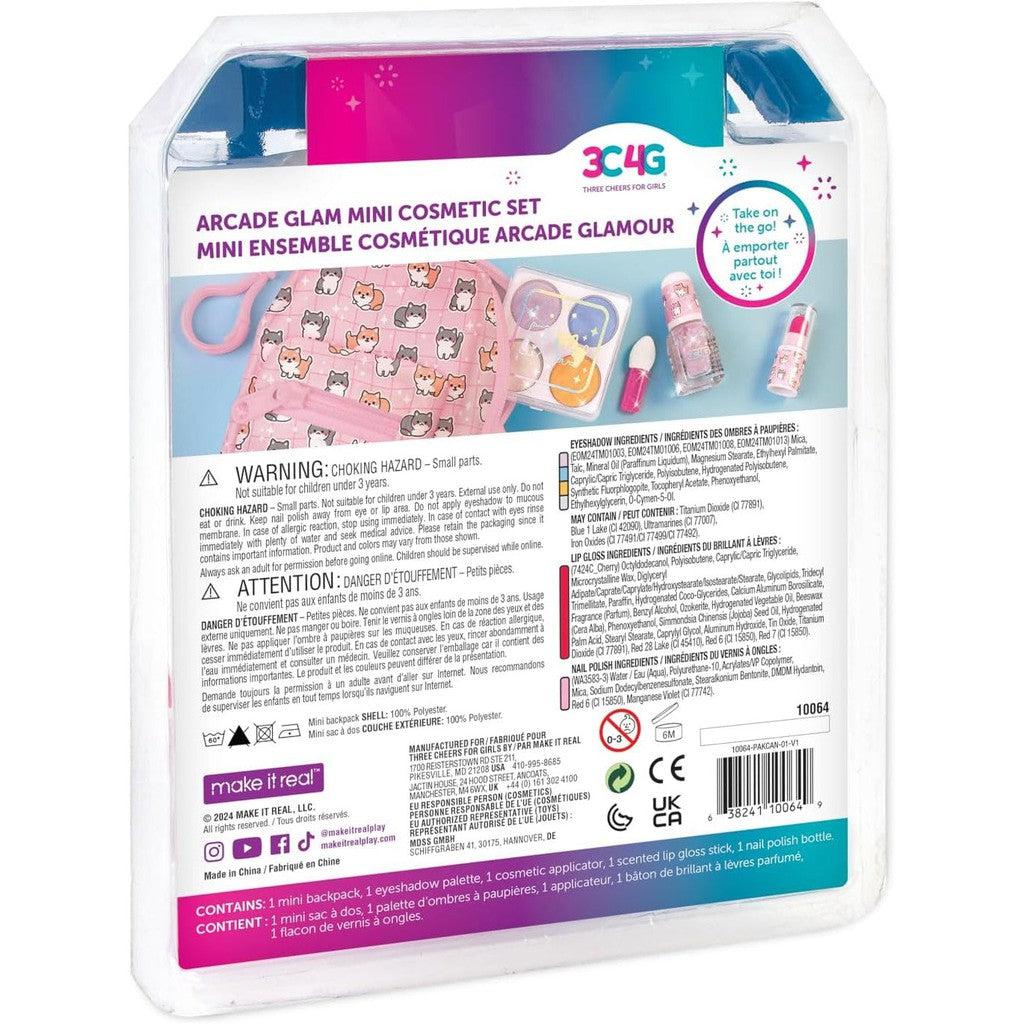 The back of the Arcade Glam Mini Cosmetic Set package displays vibrant images of the cosmetics, detailed product descriptions, and a caution about small parts. This stylish packaging includes text in both English and French, making it a glamorous addition to your collection of toys.