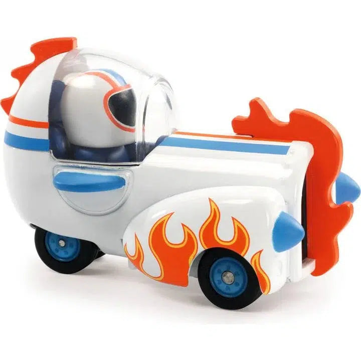 This Astro Rocket toy car features a sleek white body with metallic paint, vibrant blue wheels, and bold orange flame decals. Inside the dome-shaped cockpit sits a driver figure donning a helmet, ready to launch into space-bound adventures.