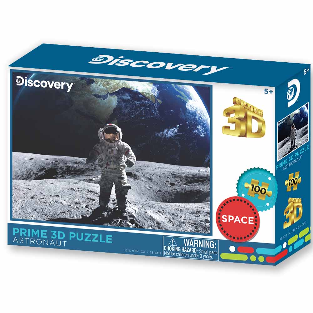 Explore the wonders of space with the Discovery Prime 3D Puzzle, featuring an astronaut on the moon. Perfect for ages 5 and up. Note: Check the lower part of the box for choking hazard warnings.