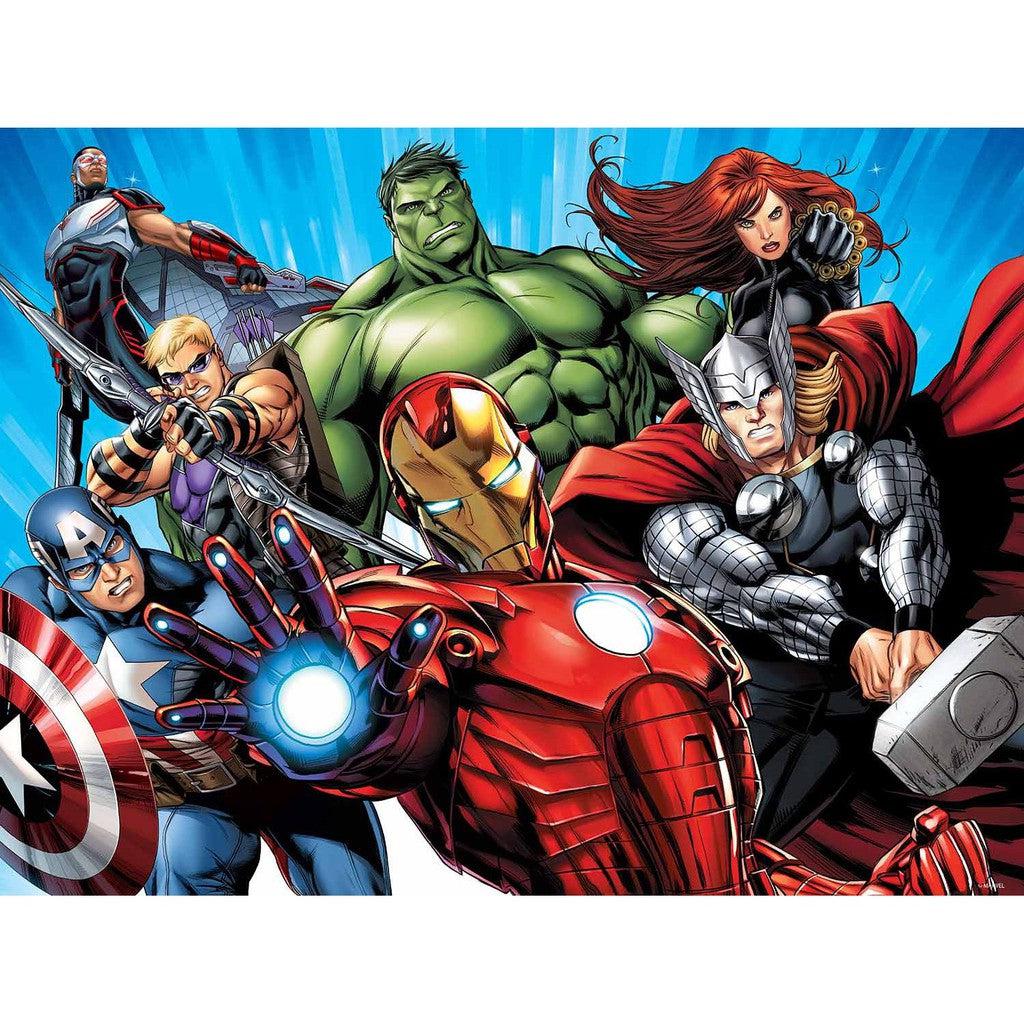 A group of six Avengers Marvel heroes, including a man in a metal suit, an archer, a green giant, a black-clad woman, a soldier with a shield, and a man with a hammer pose in action-ready stances.