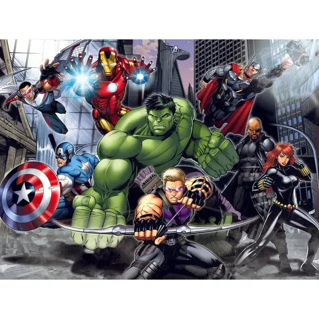 Comic book illustration of a superhero team, reminiscent of the Avengers Marvel, featuring characters in dynamic poses with city skyscrapers in the background.