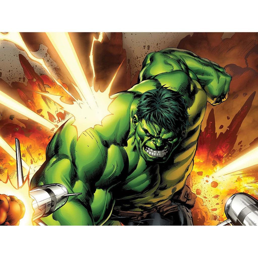 A muscular green superhero, unmistakably the Hulk, strikes a dynamic pose amid explosions and debris, with a determined expression reminiscent of Marvel's iconic Avengers.