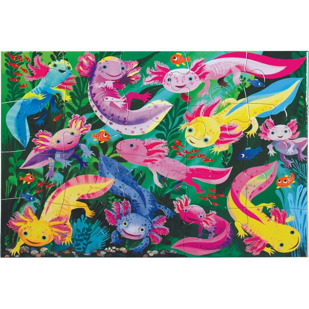 Colorful axolotls and small fish swim among plants in an illustrated underwater scene, perfect for engaging hand-eye coordination with its jumbo-sized puzzle pieces.