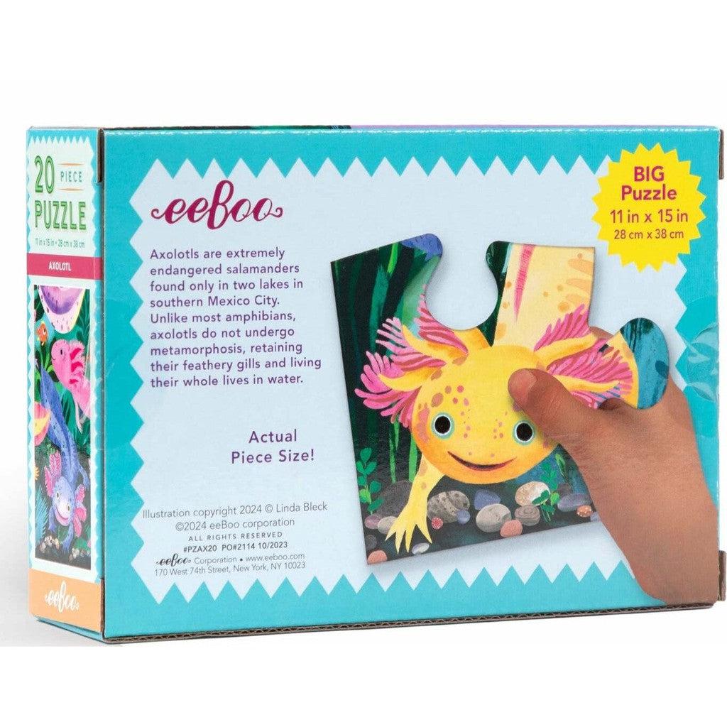 This puzzle box features an illustration of an axolotl underwater. With jumbo-sized puzzle pieces, it enhances fine motor skills while highlighting the axolotl's endangered status.