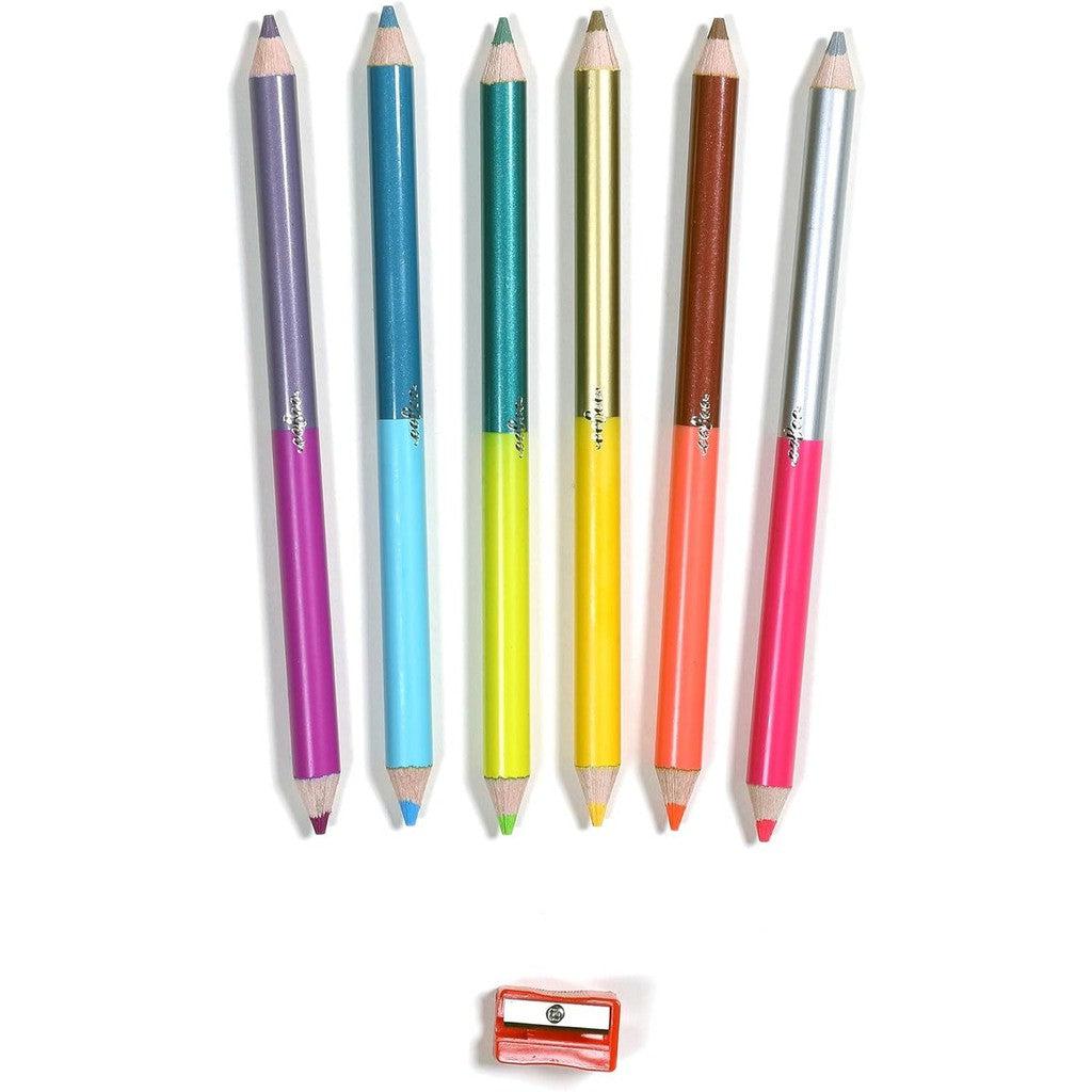 A set of six jumbo colored pencils, featuring vibrant purple, blue, green, yellow, orange, brown, silver, and pink segments with metallic &amp; fluorescent hues are arranged vertically. Below them sits a handy red sharpener—an essential addition to your art supplies collection.