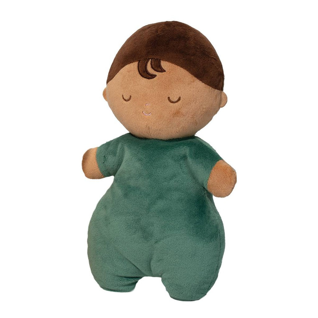 This plush doll, perfect for a woodland adventure, features brown hair and a green outfit. With its eyes closed and simple, soft design, it pairs beautifully with our Fox Themed Blanket for cozy storytelling sessions.