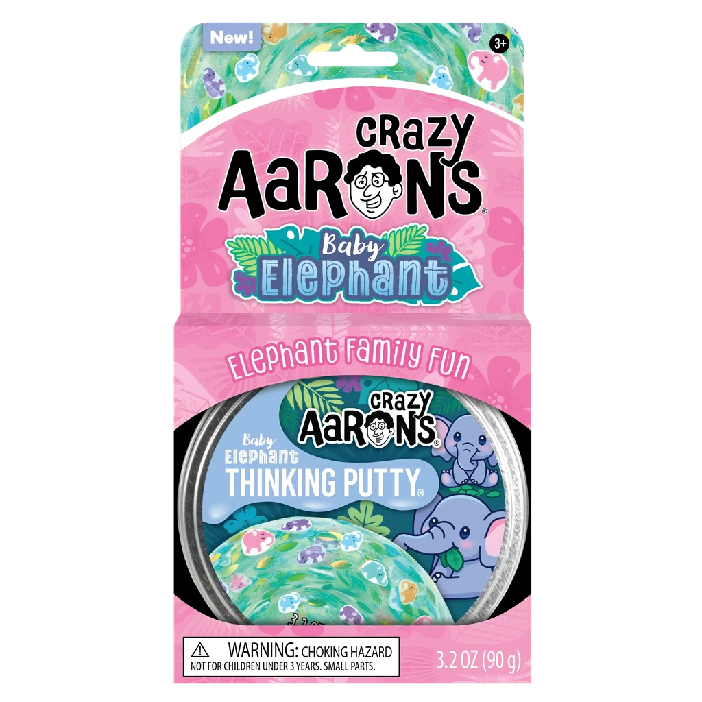 Package of baby elephant crazy aaron's putty. The packaging is light green and pink, adorned with cartoon elephants and small flowers.