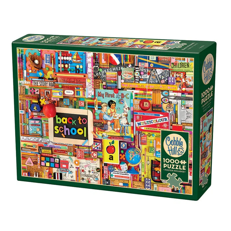 Puzzle box with collage of vintage back-to-school items. Box indicates that puzzle is 1000 pc and includes a poster