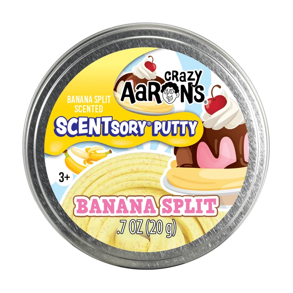 Tin of banana-scented Crazy Aaron's putty.