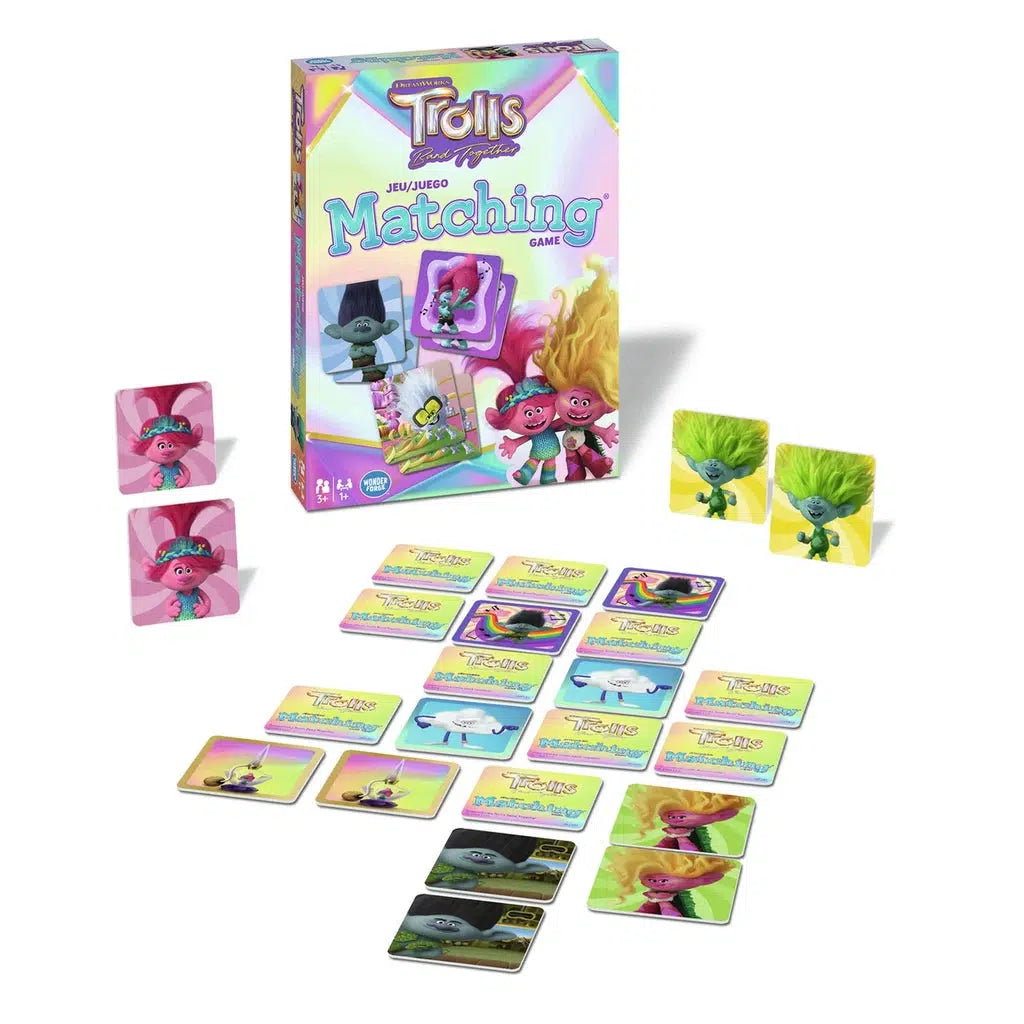 The vibrant Trolls 3 Memory Game features colorful character cards arranged in a grid alongside its stylish box. 