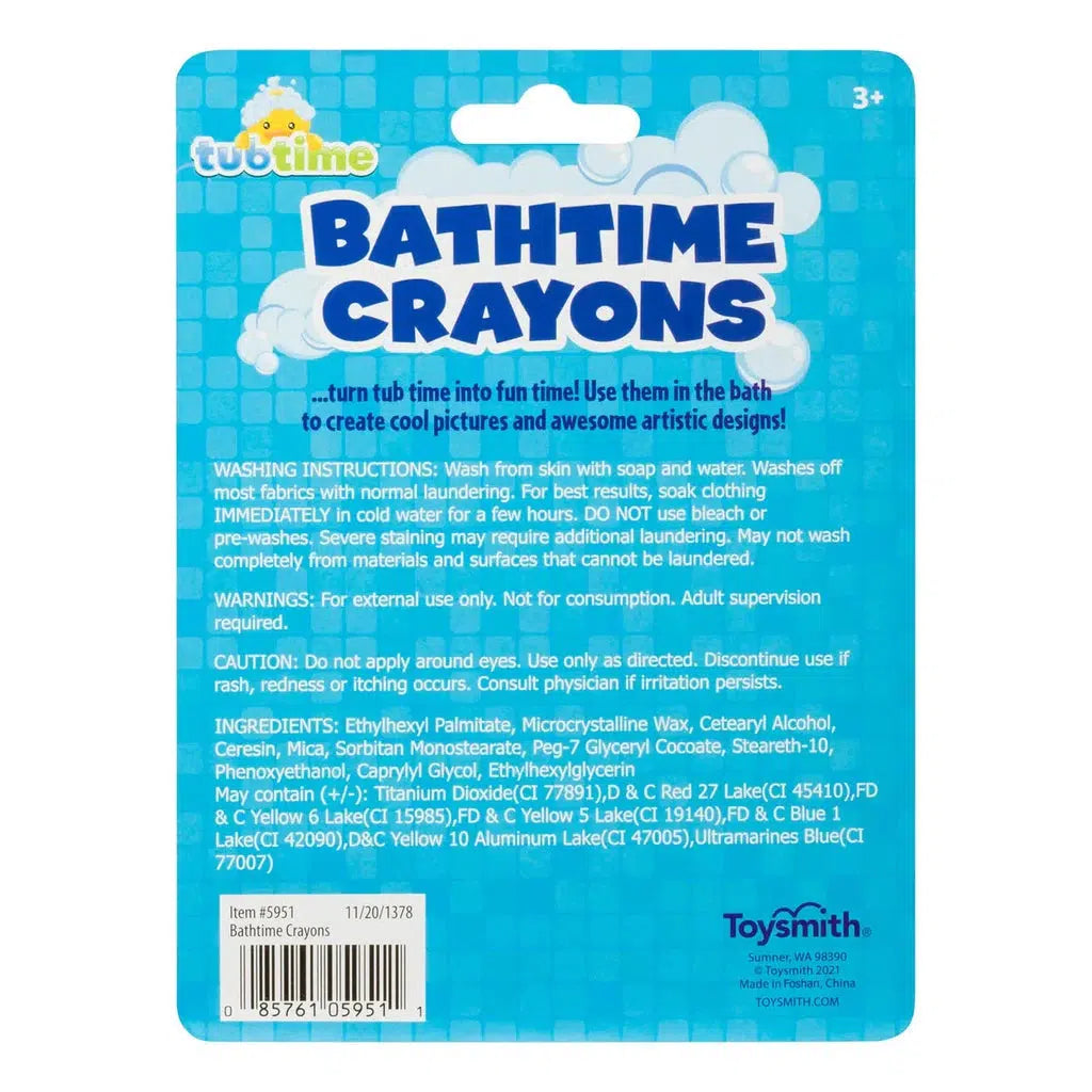 Packaging of Toysmith's Tubtime Bathtime Crayons features usage instructions, warnings, ingredients, and manufacturer information on a blue background. Part of the popular Tub Time Collection, these crayons make bath time fun and colorful for kids.