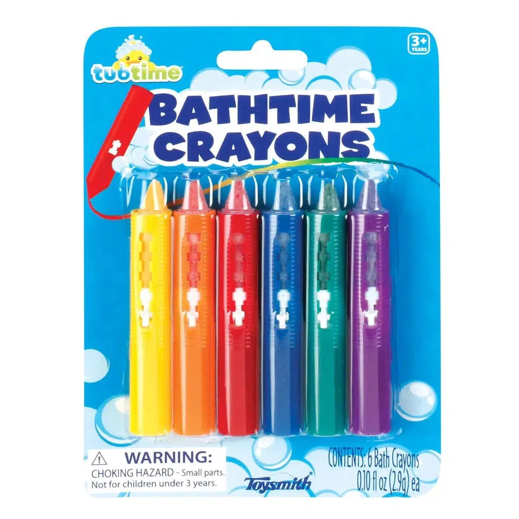 Discover the Tubtime Bathtime Crayons from the playful Toysmith collection. This set includes six vibrant colors—red, orange, yellow, green, blue, and purple—all neatly packed in a plastic case. Please note the choking hazard warning for safe play.