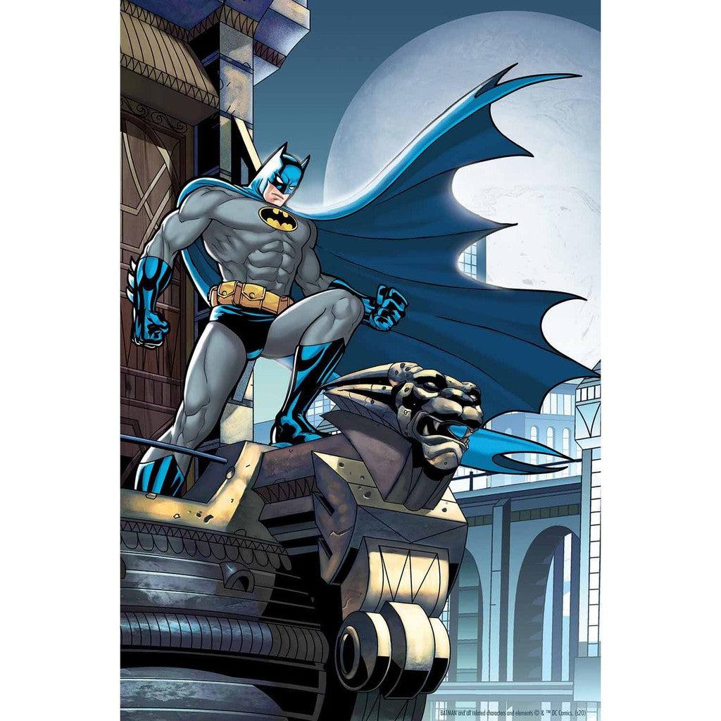 Comic illustration of a superhero in a gray costume with a cape standing on a gargoyle statue, with a full moon in the background, reminiscent of classic Batman DC Comics art.