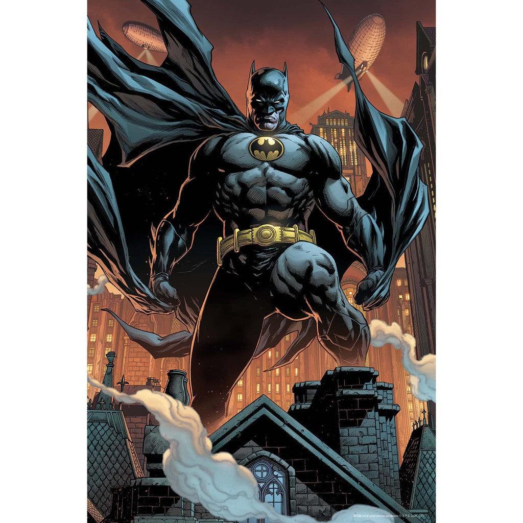 Comic book illustration of DC Comics Batman standing on a rooftop, cape billowing majestically, with the city skyline and searchlights in the background,.