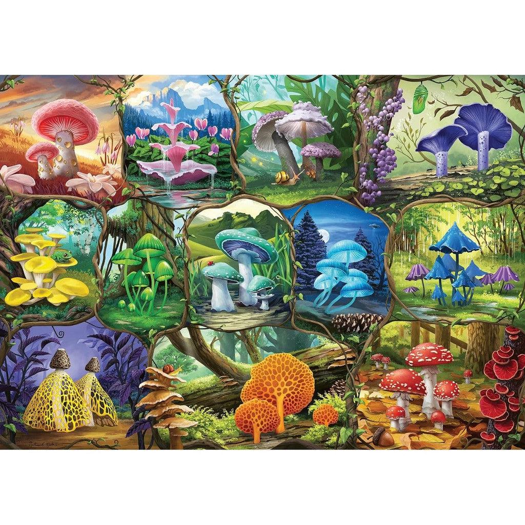 Collage of various colorful mushrooms in different natural settings, featuring vibrant reds, blues, yellows, and purples among lush greenery and scenic backgrounds. This Ravensburger Beautiful Mushrooms jigsaw puzzle offers a 1000-piece challenge for nature enthusiasts.